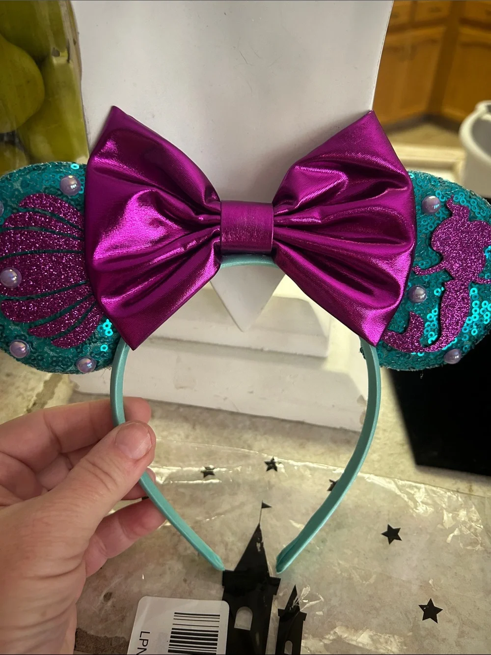 Disney Kids Sequin Teal Mermaid Ear Headband with Metallic Magenta Bow